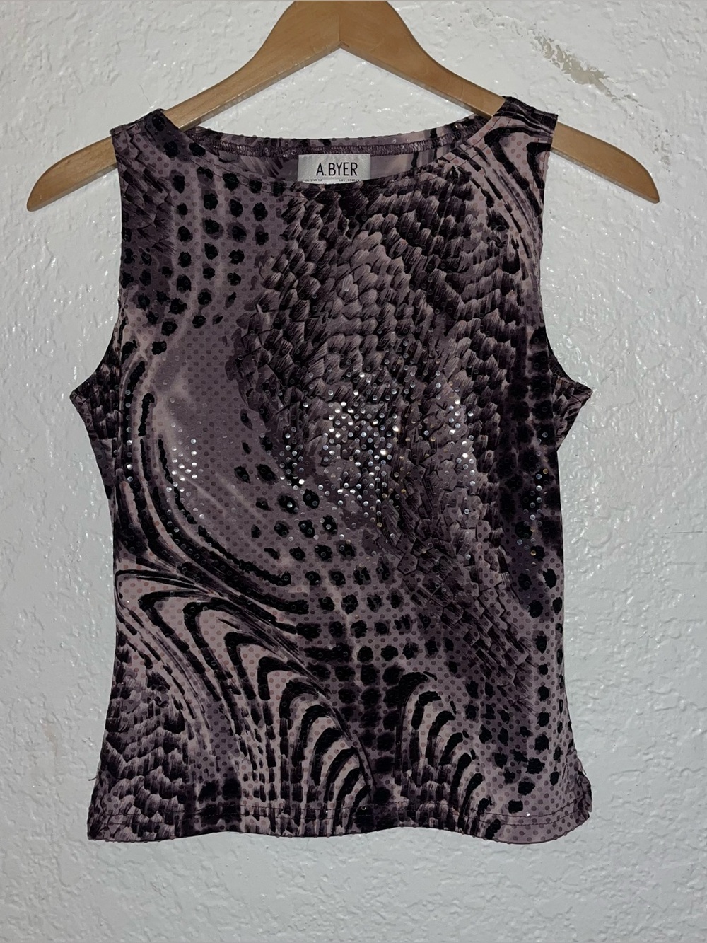A. Byer 90s vintage purple black sequin animal print sleeveless blouse top med